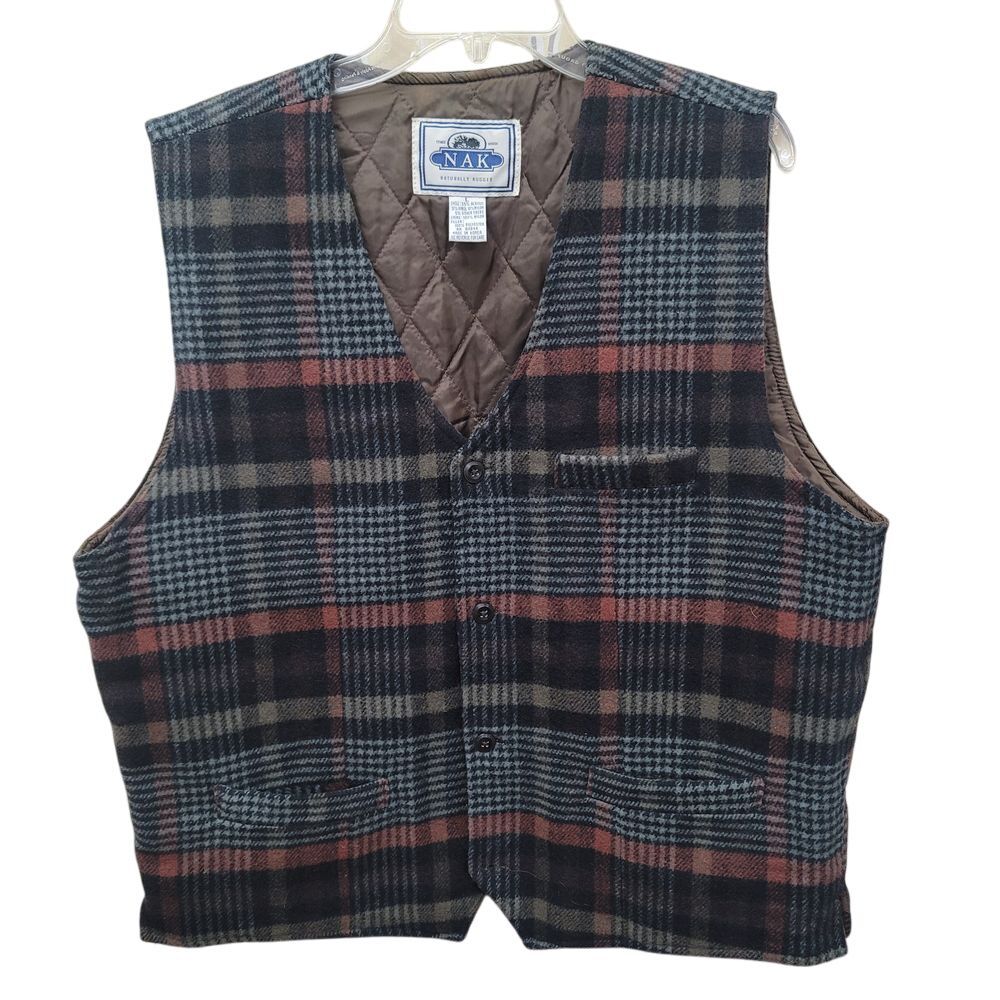 VTG NAK Men Plaid WoolBlend Vest Lined Button Front Y2K Preppy Business Academia